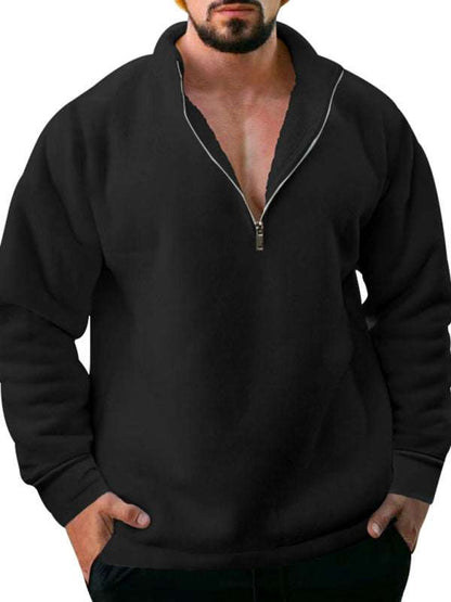 Cozy Men's Fleece Half-Zip Hoodie with Stand Collar - Casual Solid Color Comfort for Autumn-Winter