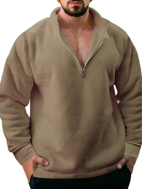 Cozy Men's Fleece Half-Zip Hoodie with Stand Collar - Casual Solid Color Comfort for Autumn-Winter