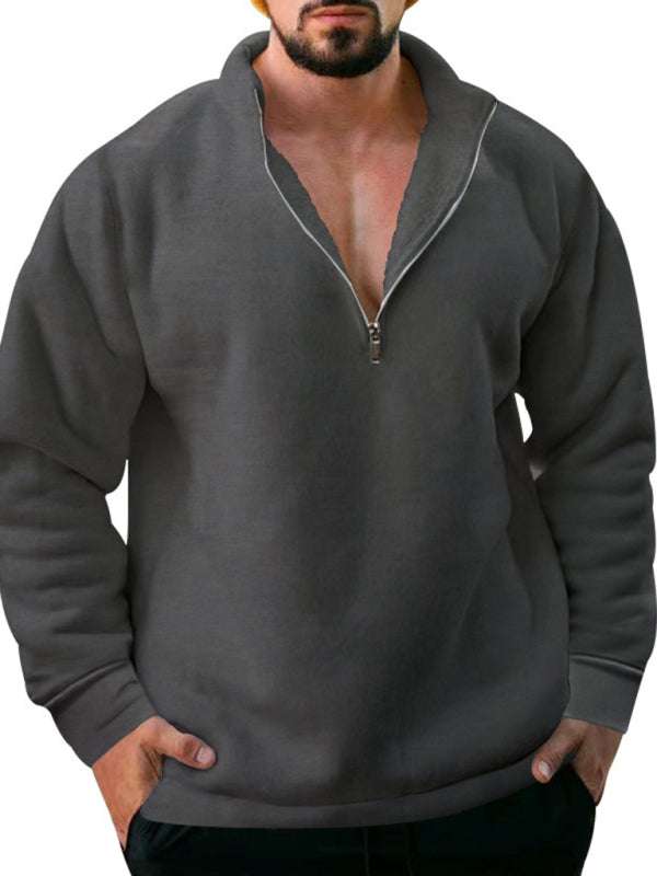 Cozy Men's Fleece Half-Zip Hoodie with Stand Collar - Casual Solid Color Comfort for Autumn-Winter