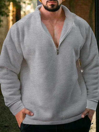 Cozy Men's Fleece Half-Zip Hoodie with Stand Collar - Casual Solid Color Comfort for Autumn-Winter