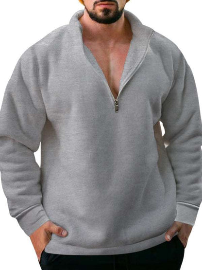 Cozy Men's Fleece Half-Zip Hoodie with Stand Collar - Casual Solid Color Comfort for Autumn-Winter