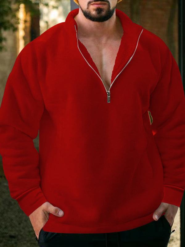 Men's red fleece stand collar hoodie with half zipper, loose fit, solid color, autumn-winter style.