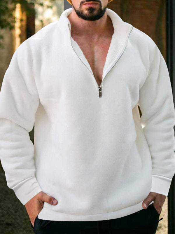 Cozy Men's Fleece Half-Zip Hoodie with Stand Collar - Casual Solid Color Comfort for Autumn-Winter