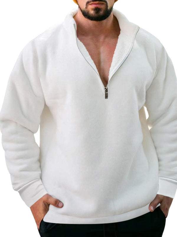 Cozy Men's Fleece Half-Zip Hoodie with Stand Collar - Casual Solid Color Comfort for Autumn-Winter