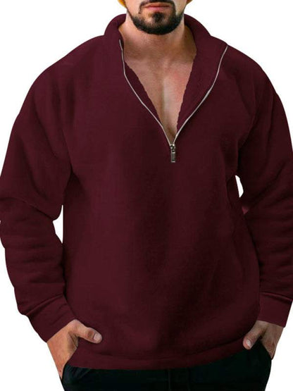 Cozy Men's Fleece Half-Zip Hoodie with Stand Collar - Casual Solid Color Comfort for Autumn-Winter