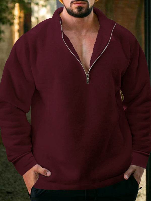 Cozy Men's Fleece Half-Zip Hoodie with Stand Collar - Casual Solid Color Comfort for Autumn-Winter