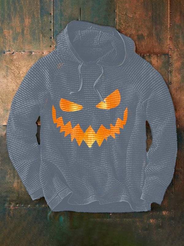 Halloween men's pumpkin digital print hooded sweatshirt on metallic background.