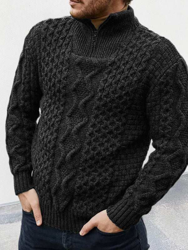 Stylish Men's Zip-Up Turtleneck Cable Knit Sweater for Effortless Casual Elegance