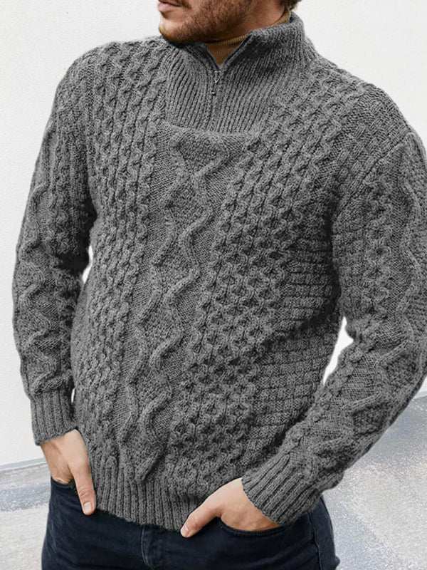 Stylish Men's Zip-Up Turtleneck Cable Knit Sweater for Effortless Casual Elegance