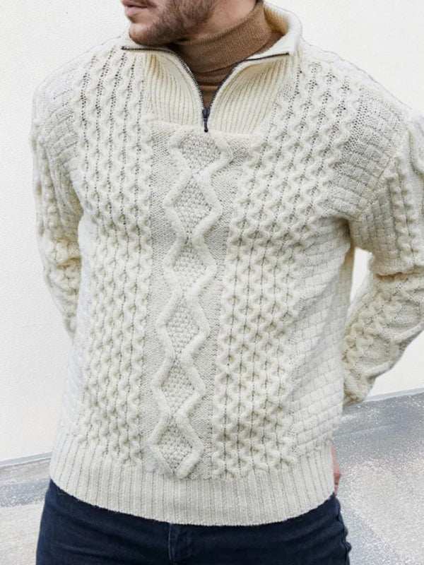 Men's zipper turtleneck long sleeve cable sweater in cream color.