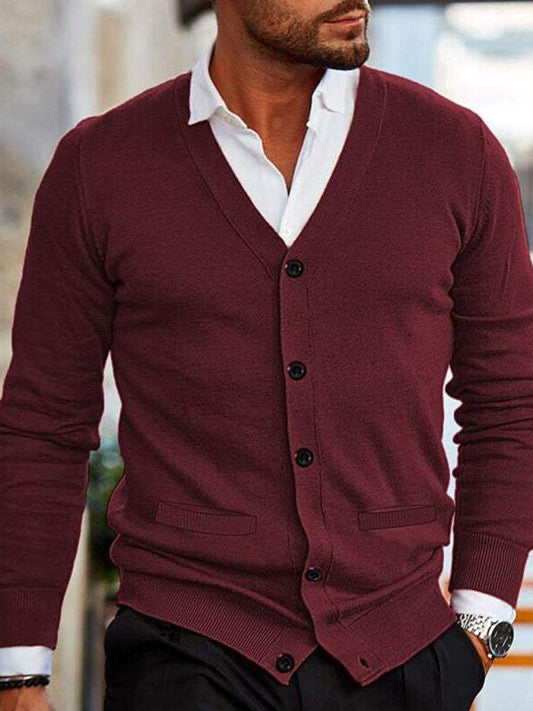 Men's burgundy V-neck slim cardigan jacket with button closure.