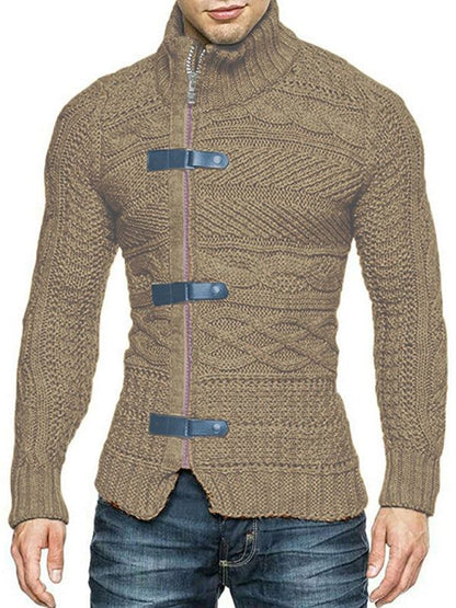 Men's leather button long sleeve knitted cardigan jacket, casual style, polyester spandex blend, spring-summer wear.