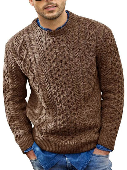 Men's brown round neck pullover knitted cable sweater with self-design pattern.