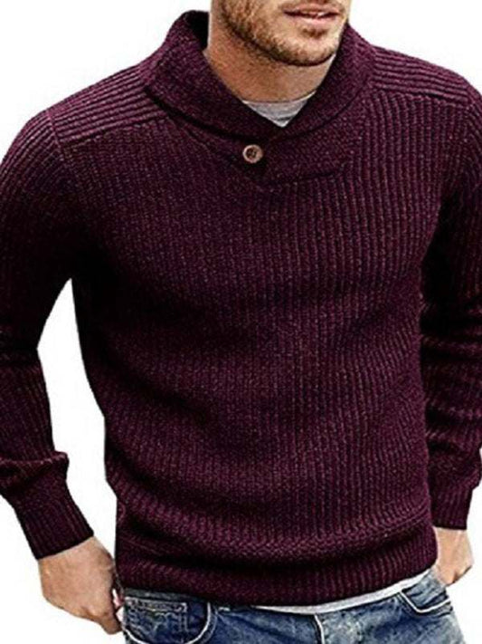 Men's pullover sweater with lapel button, knit design, burgundy color.