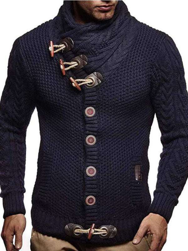 Chic Men's Knitted Turtleneck Sweater Jacket with Classic Button Detail