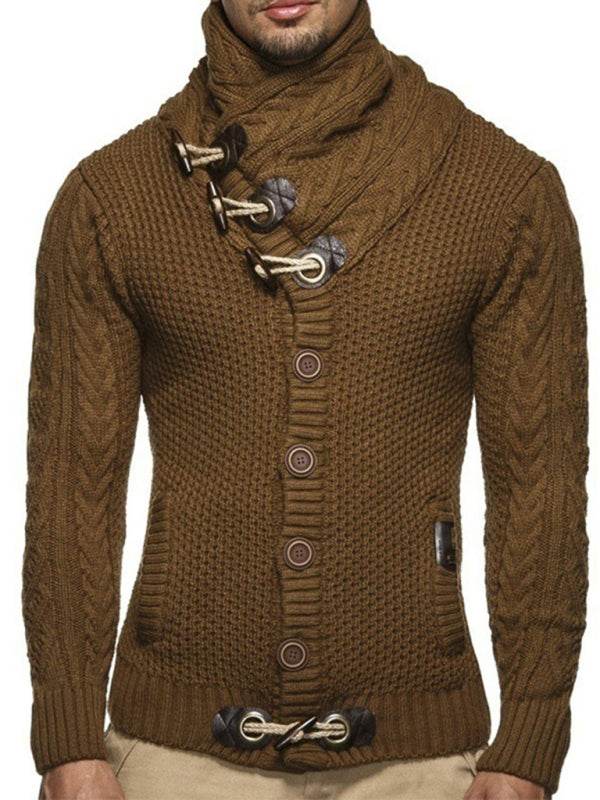 Men's knitted turtleneck button sweater, brown, knit design.