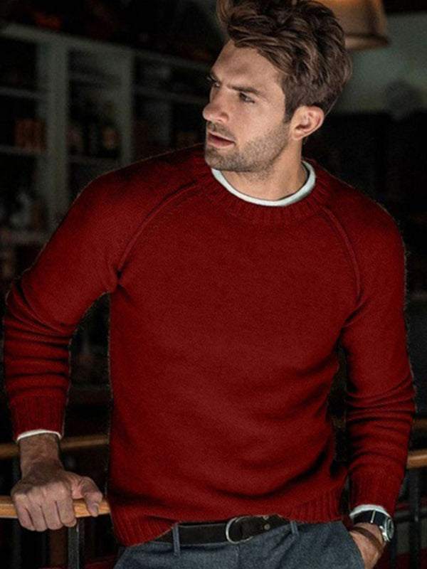 Men's round neck slim fit sweater with long sleeves, red color, polyester and spandex blend.