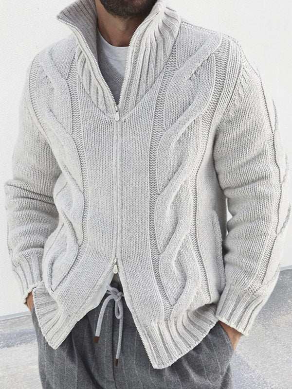 Men's turtleneck cable zipper sweater cardigan in light grey knit design.