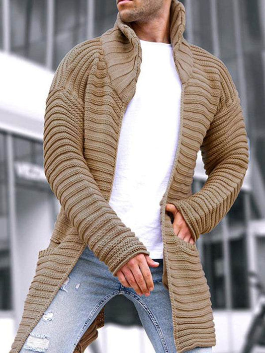 Men's turtleneck long sleeve knitted sweater cardigan in beige, leisure style, with welt pockets.