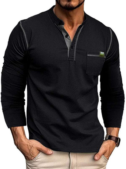 Men's Vibrant Color Block Knit Henley Long Sleeve Tee