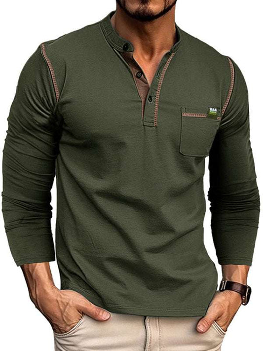 Men's Henley color block knitted long sleeve t-shirt in green.