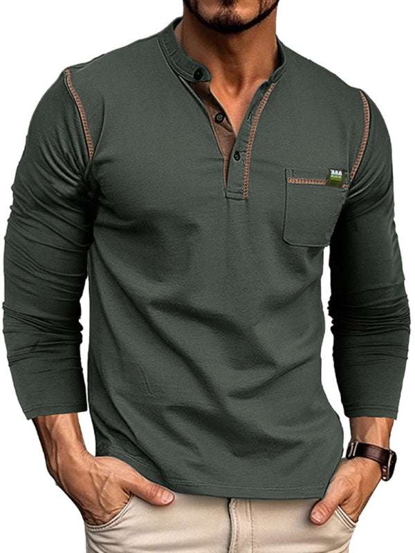 Men's Vibrant Color Block Knit Henley Long Sleeve Tee