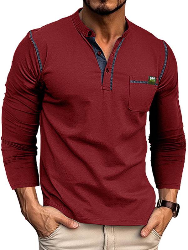 Men's Vibrant Color Block Knit Henley Long Sleeve Tee