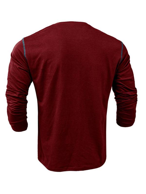 Men's Vibrant Color Block Knit Henley Long Sleeve Tee