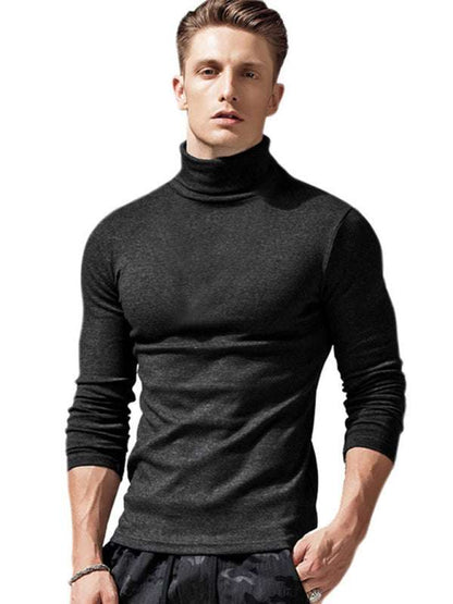 Stylish Men's Long-Sleeved Turtleneck Tee - Versatile Solid Color Top for Every Season