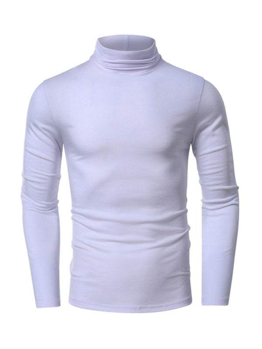 Men's long-sleeved solid color turtleneck T-shirt in white.