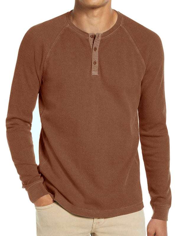 Men's round neck waffle henley shirt, long sleeves, brown color, leisure style.