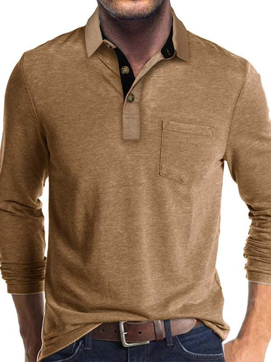 Men's long sleeve lapel bottoming polo shirt in solid color with welt pocket.