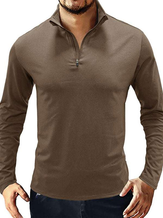 Men's long sleeve stand collar pullover zip polo shirt, solid pattern, casual style.