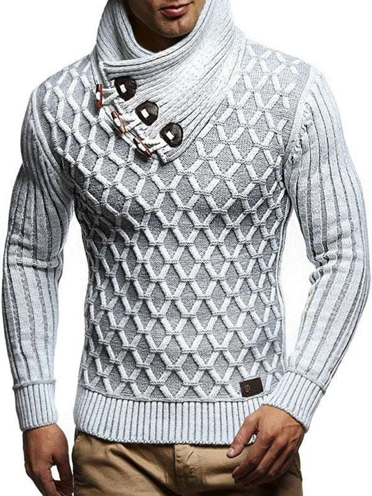 Men's leather buttoned sweater pullover turtleneck in knit pattern, autumn-winter style.