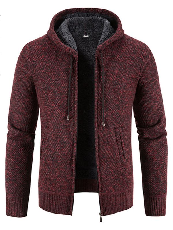 Men's casual knitted hooded zipper jacket in maroon with dropped shoulder sleeves and no pockets.