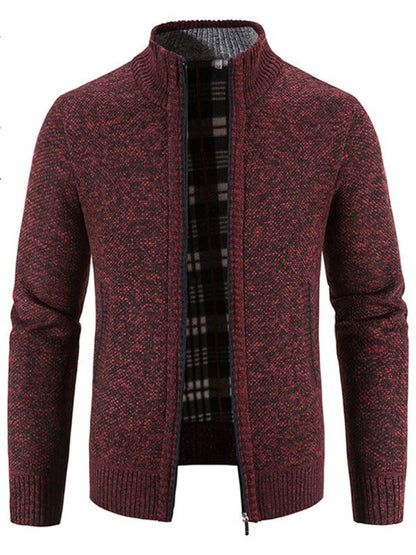 Men's casual stand collar knitted jacket, autumn-winter, polyester fabric, self-design pattern.