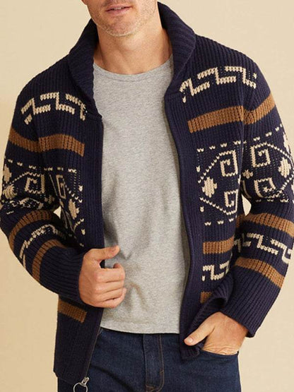 Stylish Men's Knitted Jacquard Jacket with Casual Lapel Design