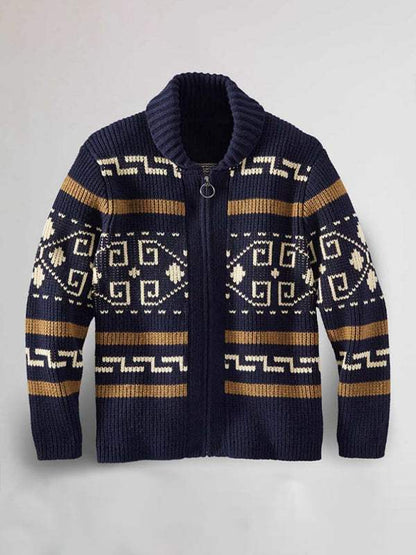 Stylish Men's Knitted Jacquard Jacket with Casual Lapel Design