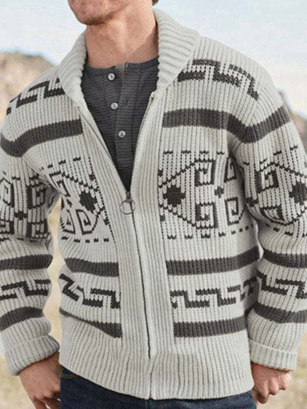 Men's casual lapel jacquard knitted jacket with a self-design pattern, suitable for autumn-winter.