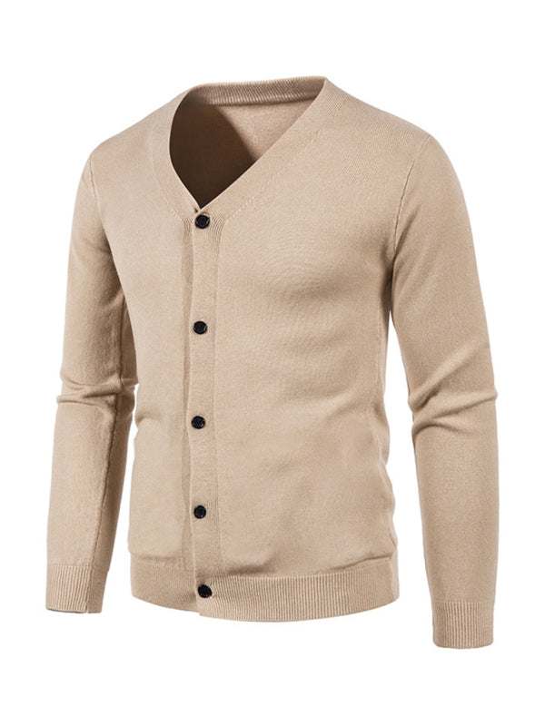 Stylish Men's Solid Color V-Neck Cardigan Sweater for All Seasons