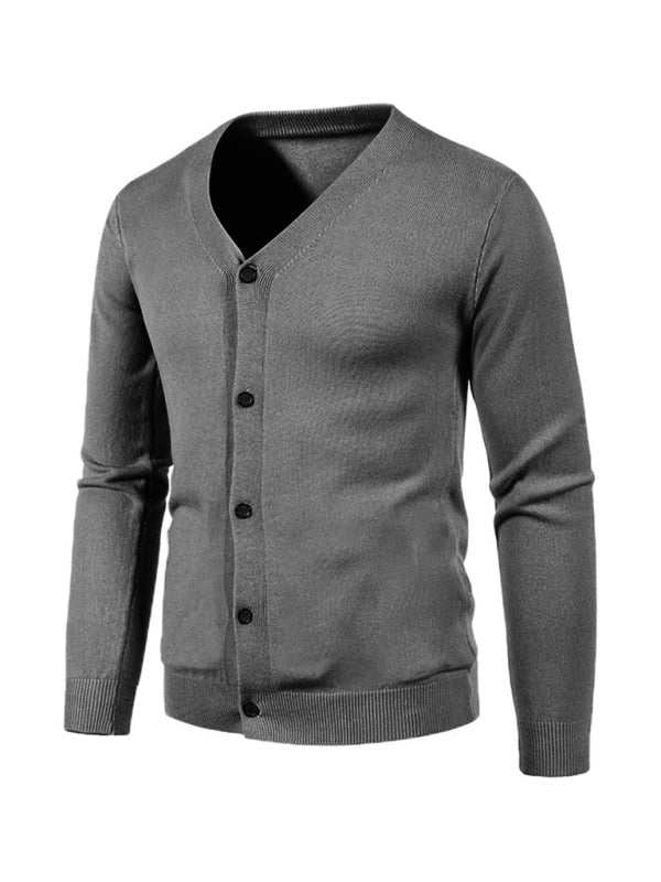 Stylish Men's Solid Color V-Neck Cardigan Sweater for All Seasons