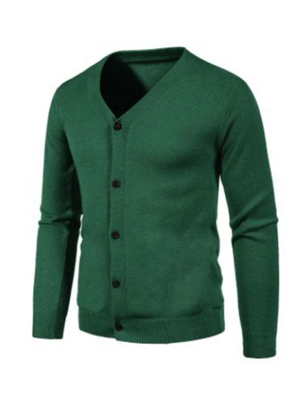 Men's green V-neck cardigan sweater, solid color knit, four-season wear.