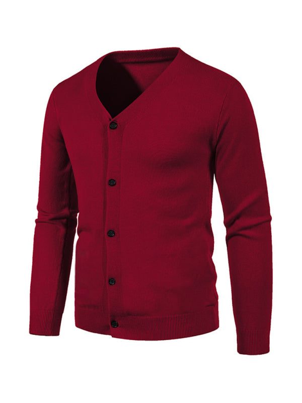 Stylish Men's Solid Color V-Neck Cardigan Sweater for All Seasons