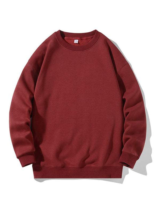 Men's solid color round neck long sleeve sweatshirt in red.