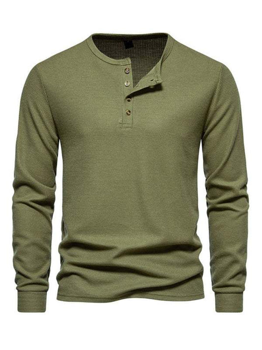 Men's four-button waffle henley neck long sleeve t-shirt in olive green.