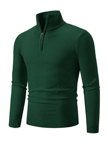 Men's casual solid color half zipper pullover stand collar sweater, green.