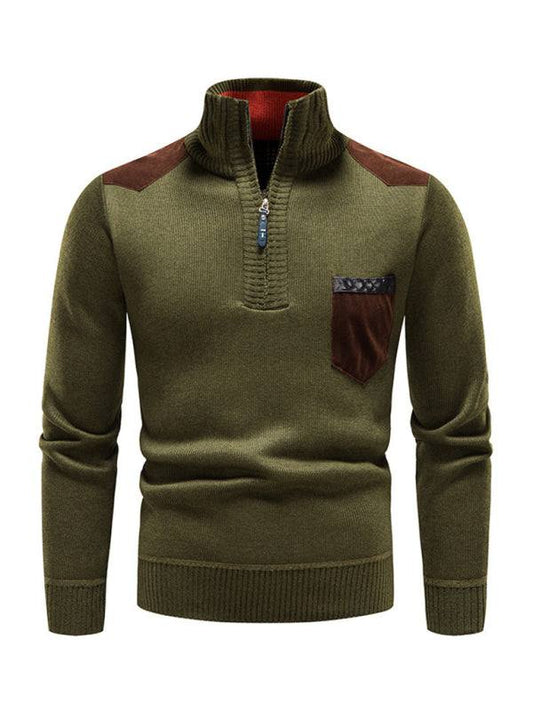 Men's stand-up collar patchwork half-zip lapel pullover sweater in olive green.