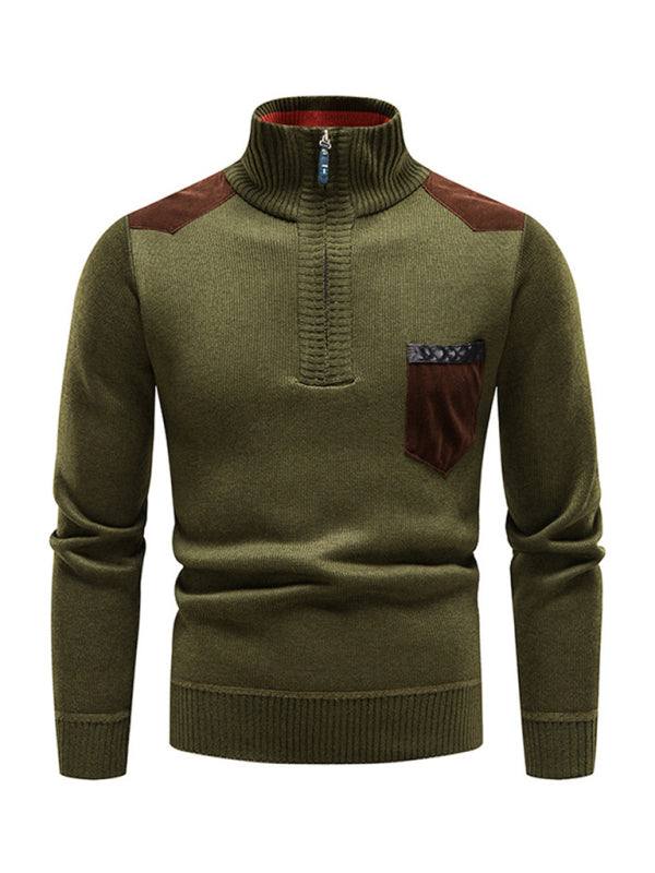 Thickened Half-Zip Stand-Up Collar Pullover Sweater for Men - Stylish Patchwork Knit for Ultimate Comfort and Versatility