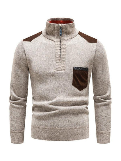 Thickened Half-Zip Stand-Up Collar Pullover Sweater for Men - Stylish Patchwork Knit for Ultimate Comfort and Versatility