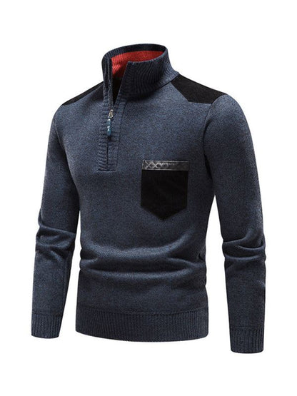 Thickened Half-Zip Stand-Up Collar Pullover Sweater for Men - Stylish Patchwork Knit for Ultimate Comfort and Versatility